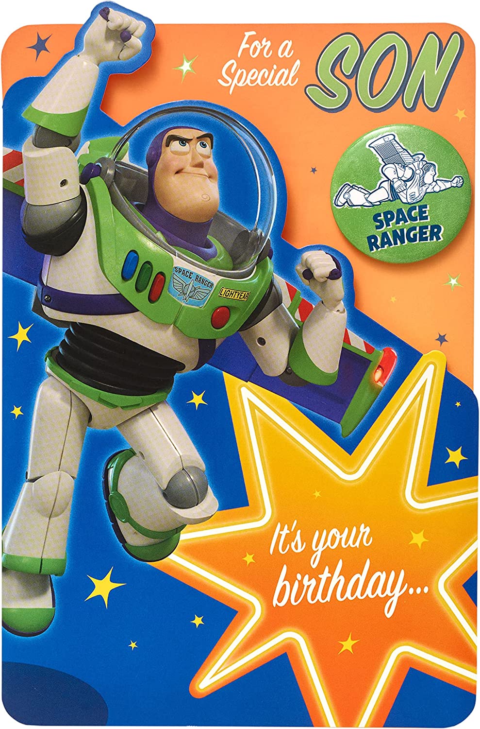 Disney Toy Story Buzz Lightyear birthday greeting card for son with badge, featuring Buzz Lightyear from UK Greetings.