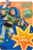 Disney Toy Story Buzz Lightyear birthday greeting card for son with badge, featuring Buzz Lightyear from UK Greetings.