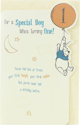 Disney Winnie the Pooh baby boy 1st birthday greeting card by UK Greetings featuring Winnie the Pooh and colorful birthday design