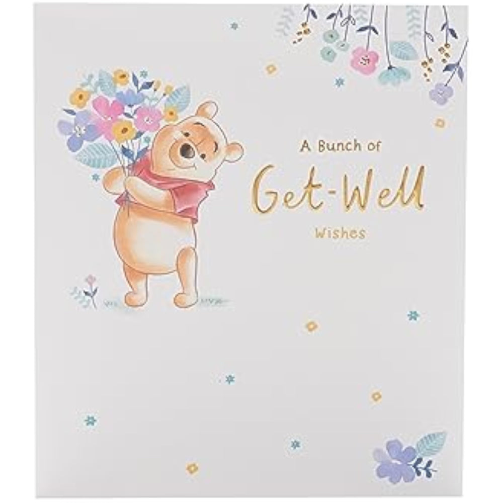 UK Greetings Disney Winnie the Pooh Get Well Soon Card featuring a colorful flower design and cheerful illustration.