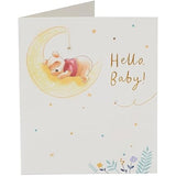UK Greetings Disney Winnie the Pooh new baby greeting card showing Winnie the Pooh with a cheerful design and baby-themed accents.