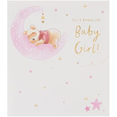 UK Greetings Disney Winnie the Pooh new baby girl greeting card featuring Winnie the Pooh holding a gift and balloons for a baby celebration.