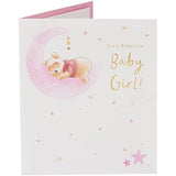 UK Greetings Disney Winnie the Pooh new baby girl greeting card with colorful Pooh illustration and cheerful design.