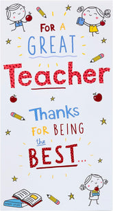 UK Greetings Doodle Design Thank You Teacher Card showing colorful doodle artwork on the front, perfect for expressing gratitude to teachers.