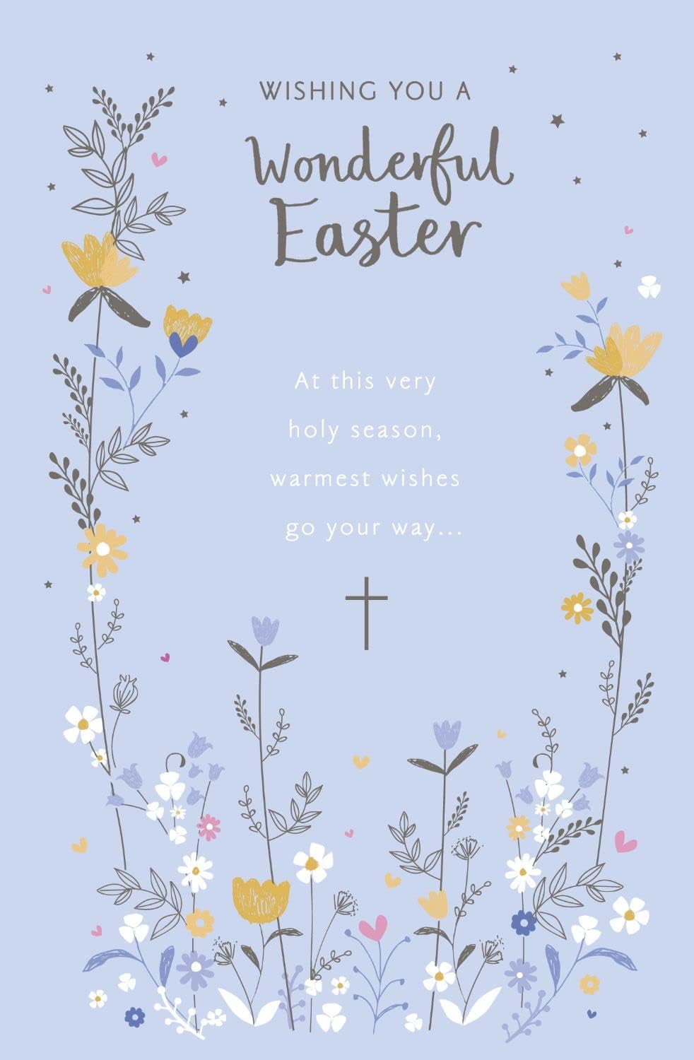 UK Greetings Easter Card featuring a silver cross and flowers, symbolizing the holy season, with colorful floral design.