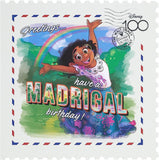 UK Greetings Encanto birthday greeting card featuring Mirabel Disney 100 stamp design with colorful illustrated characters.