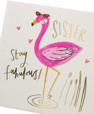 UK Greetings Fabulous Sister Flamingo Design birthday card featuring colorful flamingo artwork and vibrant birthday greeting.