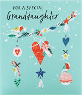 UK Greetings festive Christmas card with colorful decorations and a heartfelt message for granddaughter, designed for holiday celebrations.