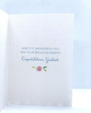 UK Greetings glitter and diamantes graduation card featuring a girl with flowers, designed for celebrating graduates.