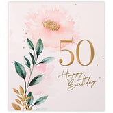 UK Greetings floral 50th birthday greeting card with colorful floral design and elegant typography.