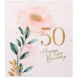 UK Greetings floral 50th birthday greeting card with colorful floral design and elegant typography.