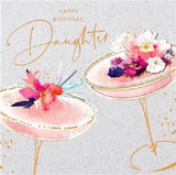 UK Greetings floral cocktails birthday card with 3D embellishments, designed for daughters, featuring colorful floral and cocktail illustrations.
