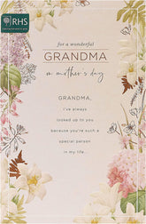 UK Greetings floral design Mother’s Day card featuring a Grandma theme, with colorful flowers and heartfelt message.