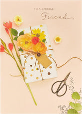 UK Greetings floral design birthday card for a special friend, featuring colorful flowers and heartfelt message.