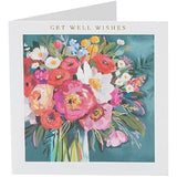 UK Greetings floral painted Get Well Soon greeting card with colorful flower design on the front.