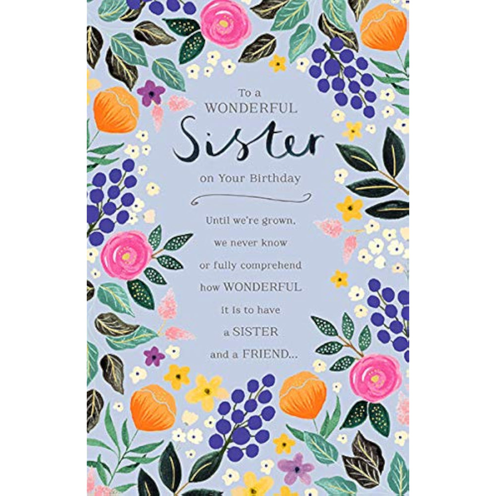 UK Greetings floral sister birthday card featuring colorful flower designs and heartfelt message for special occasions.