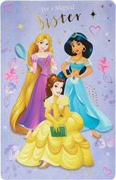 UK Greetings Disney Princess birthday card featuring magical sister-themed design, perfect for celebrating a special sister.