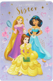 UK Greetings Disney Princess birthday card for sister featuring colorful princess images and magical birthday wishes.