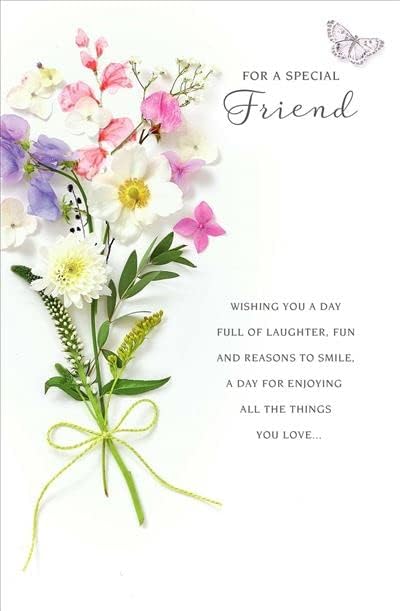 UK Greetings special friend birthday card with sentimental verse, featuring colorful floral design and heartfelt message inside.