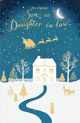 UK Greetings Christmas card for son and daughter-in-law with gold foil design, featuring festive holiday imagery.