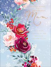 UK Greetings floral design Christmas card with "For a Wonderful Mum" message, featuring colorful holiday floral artwork.
