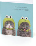 UK Greetings funny birthday card featuring sister cats wearing hats, perfect for celebrating with a humorous touch.