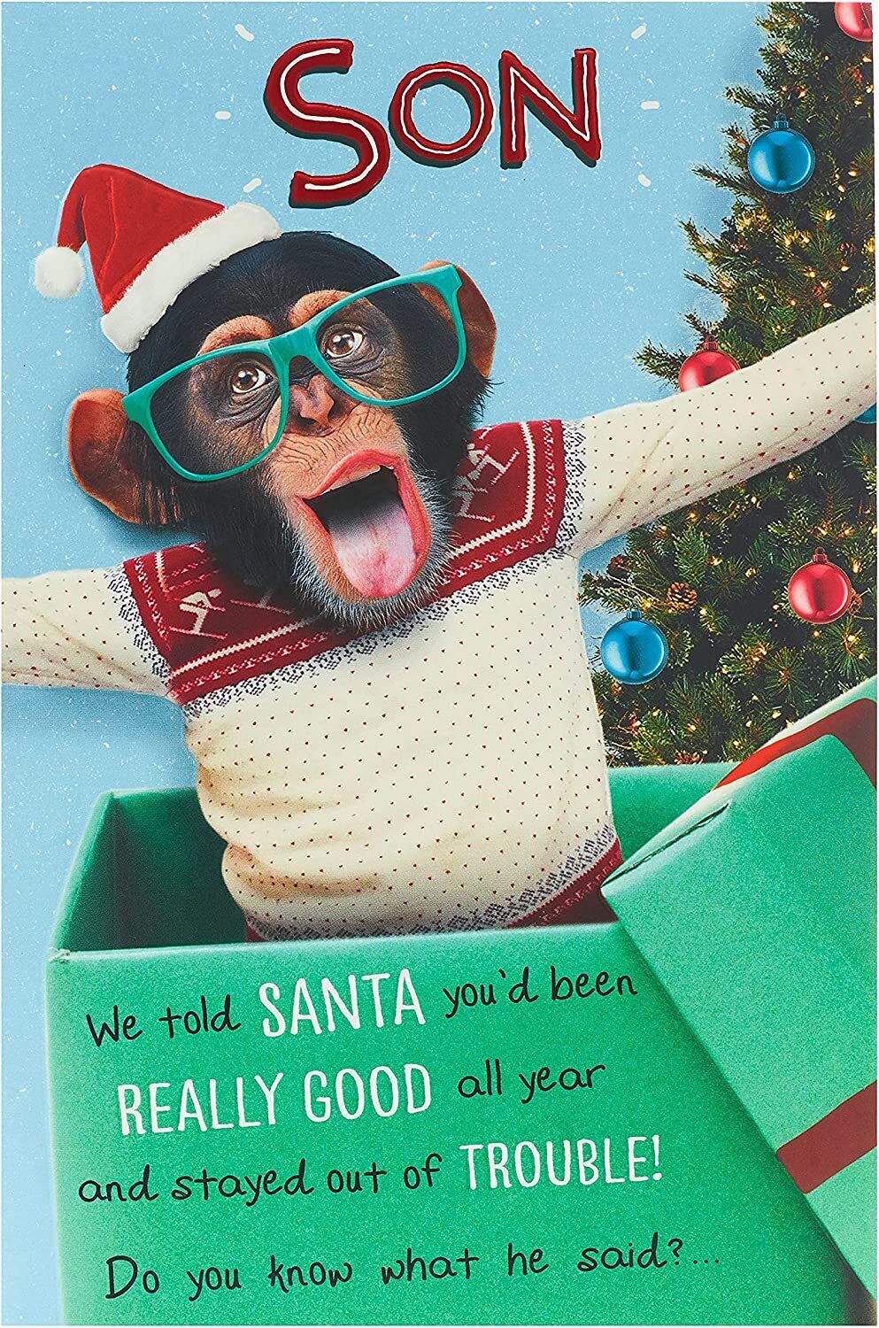 UK Greetings funny cheeky champ design Christmas card for son, featuring humorous holiday greeting and festive imagery.