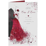 UK Greetings romantic couple Valentine card from the For the One I Love collection, featuring heartfelt design and greeting card details.