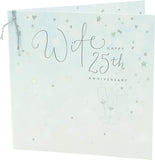 UK Greetings 25th anniversary greeting card for wife with sparkling hearts and stars design, celebrating love and special occasions.