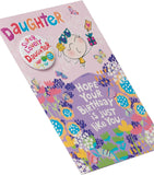 UK Greetings Fun Design Daughter birthday card with attached badge, colorful and cheerful greeting card for special occasions.