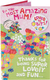 UK Greetings fun design Mum birthday card with badge, featuring colorful illustrations and cheerful message for celebrating moms.
