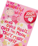 UK Greetings fun Valentine's Day card for wife with colorful design and a 100% gorgeous Valentine's Day badge included.