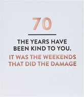 UK Greetings funny 70th birthday greeting card featuring humorous design and cheerful message for celebrating milestone birthdays.