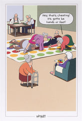 UK Greetings funny age cartoon birthday greeting card with colorful illustrated characters and playful design.