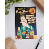 UK Greetings funny beer design birthday card featuring humorous beer illustrations on a colorful greeting card.