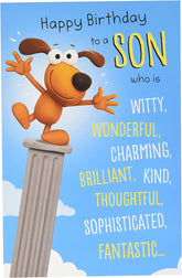 UK Greetings funny birthday card for son, featuring colorful cartoon design and humorous message, perfect for celebrating a son's birthday.