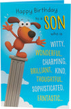 UK Greetings funny birthday card for son, featuring colorful design and humorous message, ideal for celebrating special occasions.