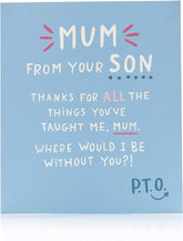 UK Greetings humorous Mother's Day greeting card featuring a funny design from a son, perfect for celebrating moms.