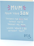 UK Greetings funny Mother's Day greeting card featuring humorous design from a son, suitable for celebrating moms.