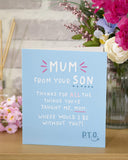 UK Greetings funny design Mother’s Day card featuring a humorous illustration from a son, perfect for celebrating moms.