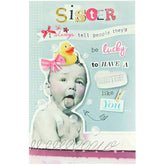 UK Greetings funny design sister birthday card featuring humorous illustrations, perfect for celebrating with a special sister.