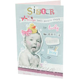 UK Greetings funny design sister birthday card showing colorful, humorous illustration for celebrating her special day.