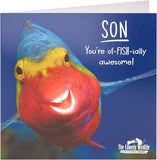 UK Greetings funny fish wildlife birthday card for son, featuring colorful fish and humorous wildlife design.