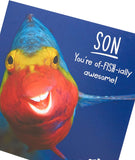 UK Greetings Funny Fish wildlife birthday card featuring humorous fish design for sons, perfect for celebrating birthdays.