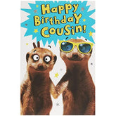 Funny Meerkat Cousin birthday greeting card by UK Greetings featuring a humorous meerkat illustration.