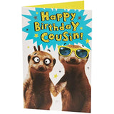 Funny Meerkat Cousin birthday card by UK Greetings, featuring a humorous meerkat illustration on a cheerful greeting card.