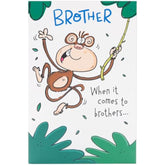 UK Greetings funny pop-up brother birthday card featuring a playful monkey snot design, perfect for celebrating brothers.
