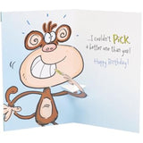 UK Greetings funny pop-up birthday greeting card featuring a playful monkey snot design for brothers.