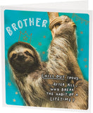 Funny sloth brother birthday card from UK Greetings, featuring cute sloth illustration and cheerful design for birthdays.