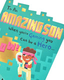 UK Greetings funny son birthday card featuring colorful cartoon design and cheerful message for celebrating a son's special day.